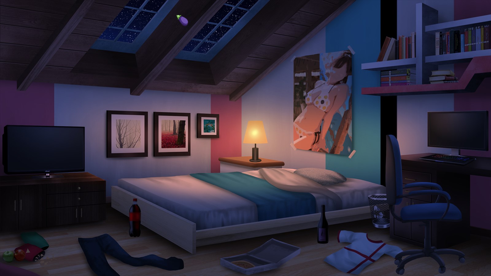 Кровать и комната в стиле аниме