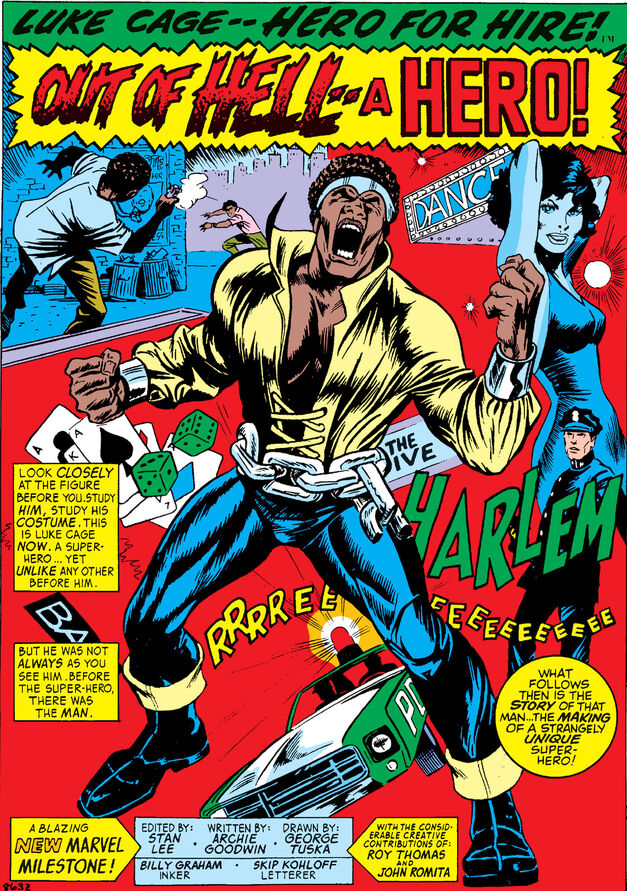Angry Luke Cage, shirt ripping off him, broken chains around waist, sexy girl, cop car, dice and a hoodlum shootout in the background