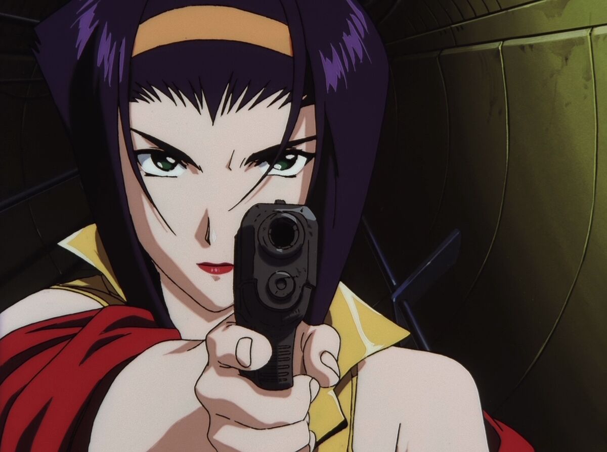 Faye Valentine pointing a gun at the screen in Cowboy BebopFaye Valentine pointing a gun at the screen in Cowboy Bebop