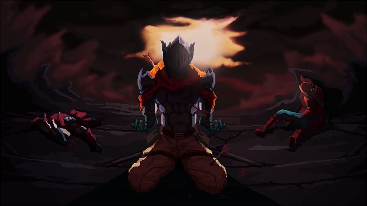 The Protagonist is on his knees with a sun in the background.