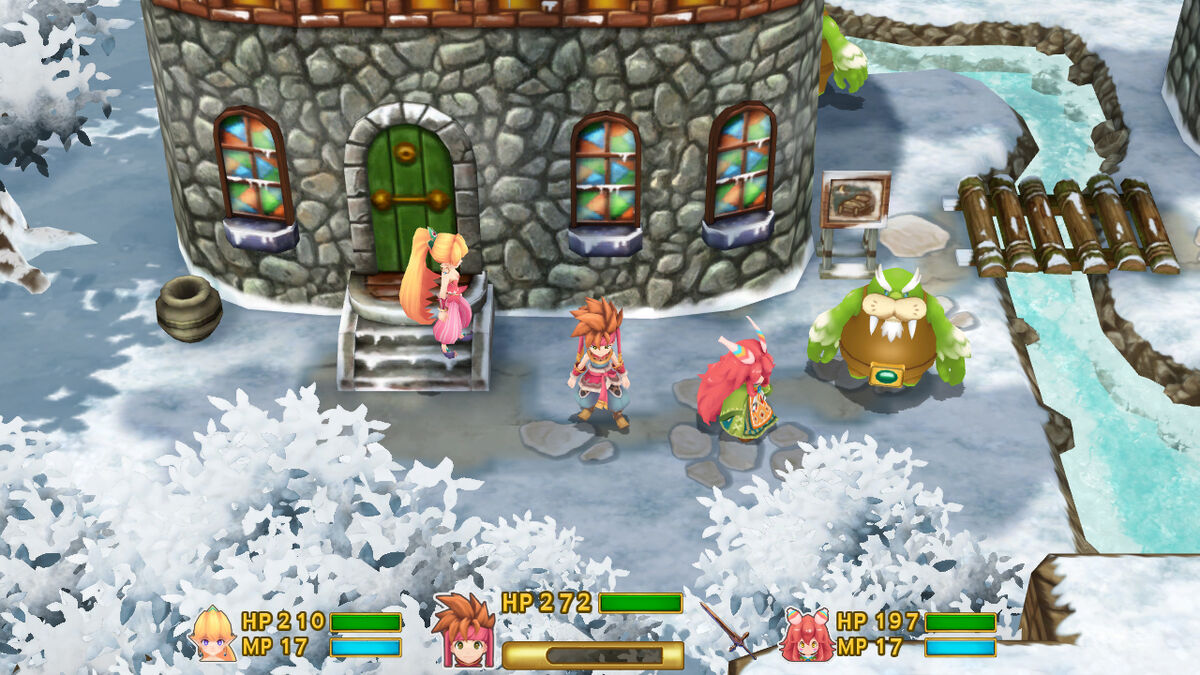 Randi, Primm and Popoi in an updated Todo Village in upcoming Secret of Mana