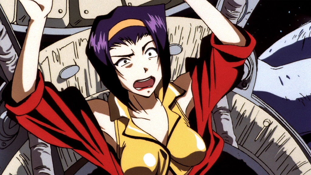Faye Valentine from Cowboy Bebop with her arms in the air