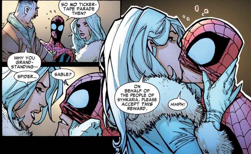 Silver Sable kisses Spider-Man for his heroism