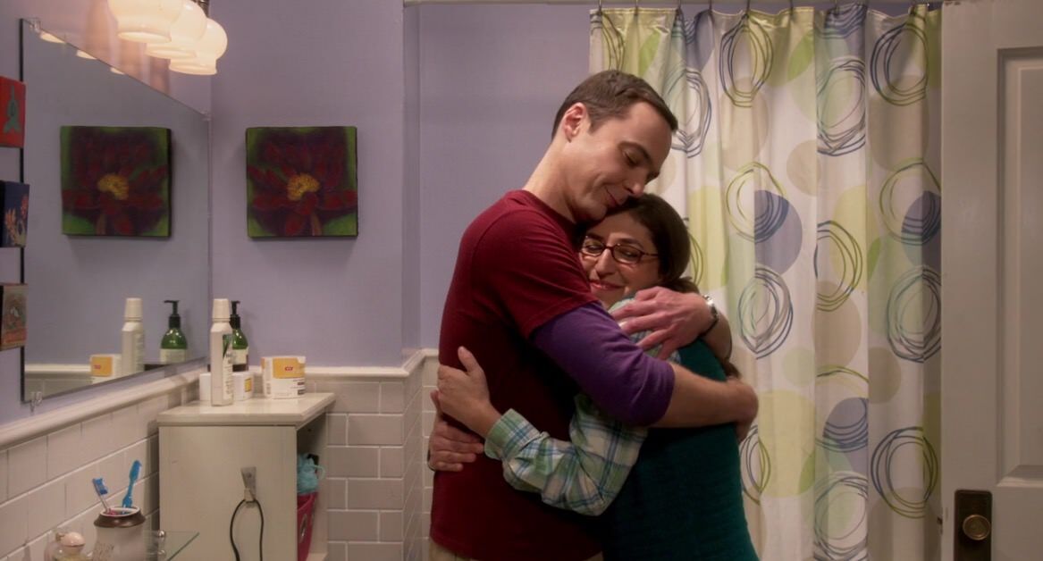 the big bang theory episode Hot tub contamination Shamy hug in the bathroom