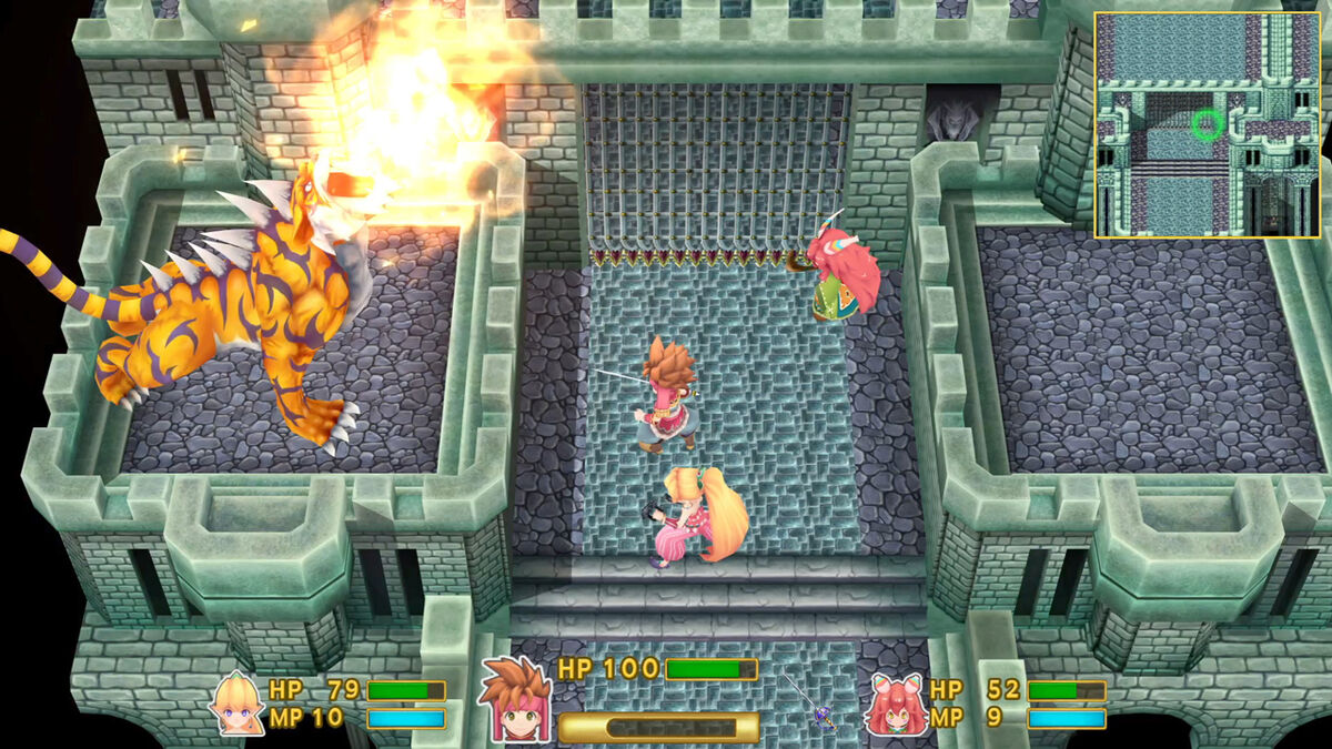 Secret of Mana's Randi, Primm and Popoi fighting a flame breathing tiger.