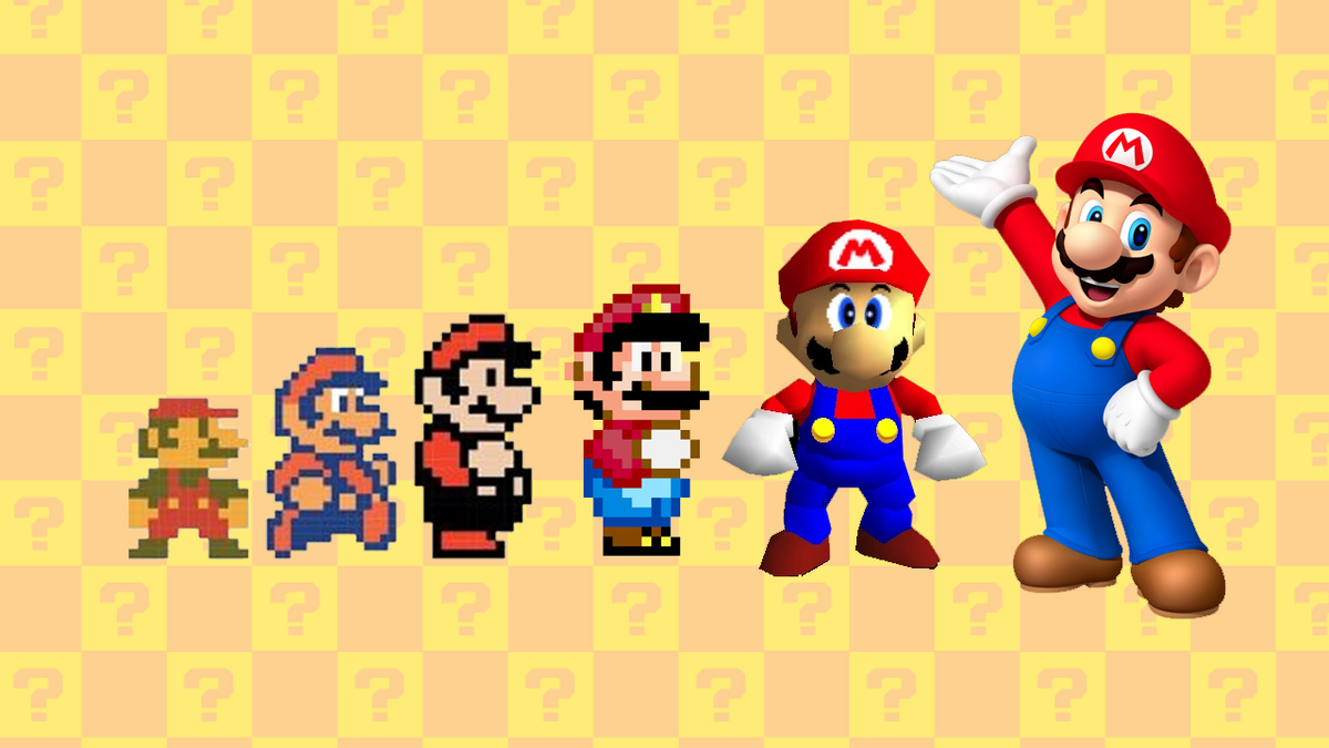 Mario throughout the years from the 1980s to present day