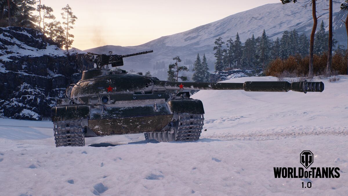 A snowy tank rolls across a quiet battlefield in World Of Tanks.