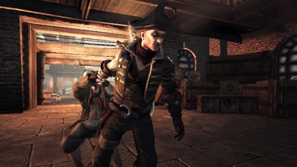 Fable 3 screenshot, pirate dragging an NPC behind him by the face