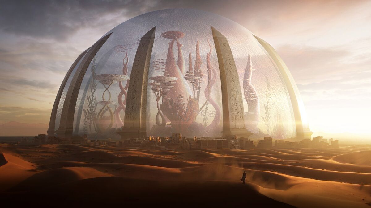 A desert city with an impossible mega-dome of water from the world of Numenera.