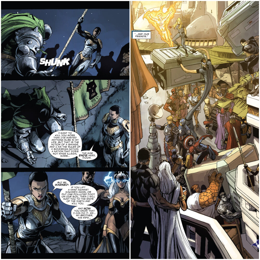 (Left): Doom finally suffers defeat in the conclusion of Doomwar #6. (Right): The Marvel heroes help Black Panther rebuild Wakanda in the final scene of Doomwar.