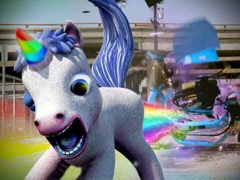 Red Faction game mr toots white unicorn with rainbow horn pooping rainbows at an enemy