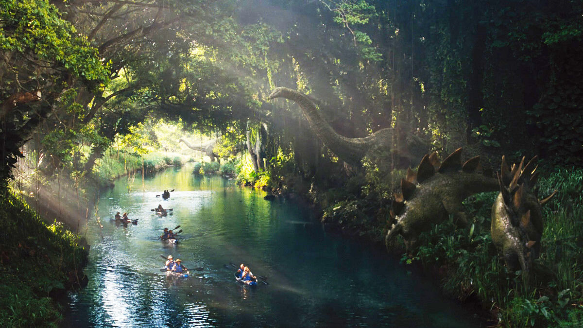 People canoeing near dinos Jurassic World