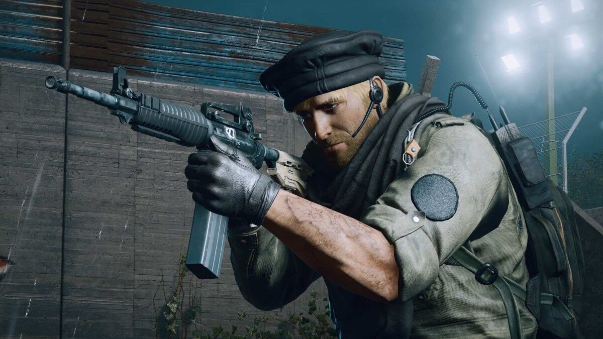 A rifleman looks off to the left.
