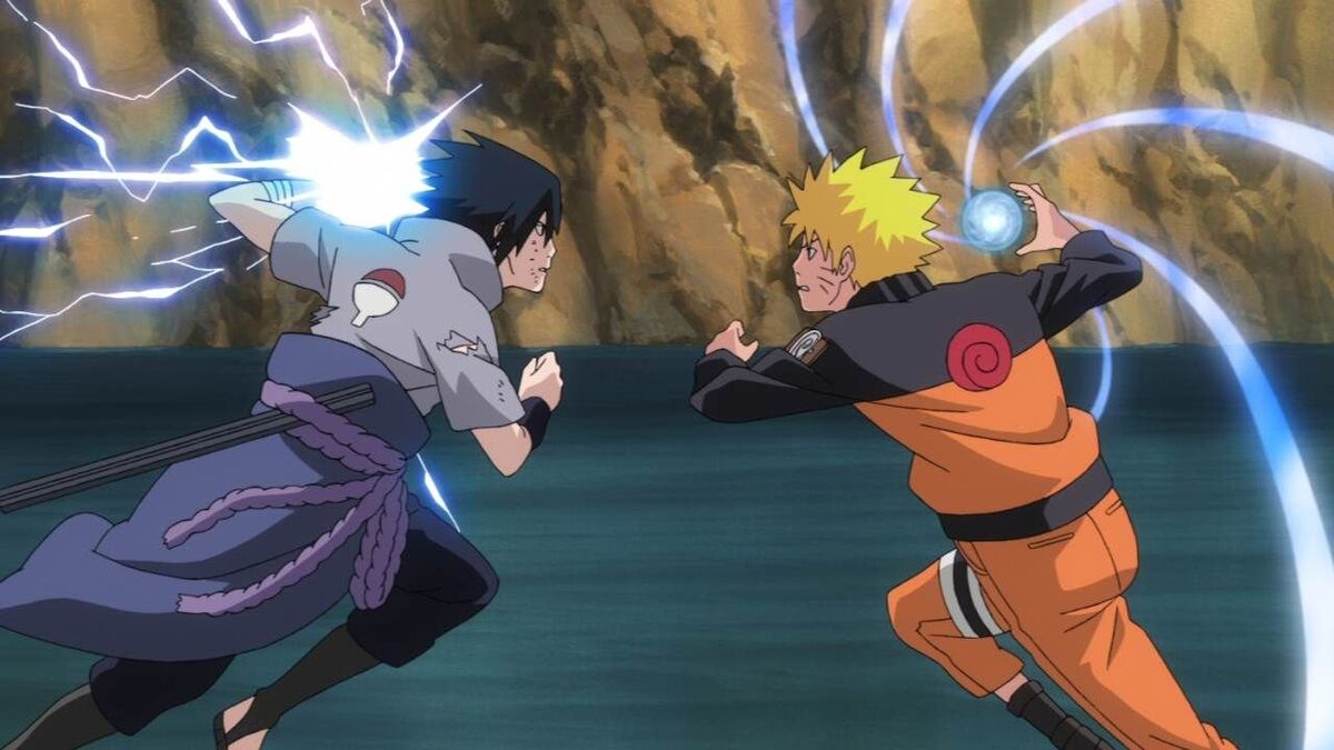 Sasuke attacks with a ball of lightning as Naruto attack with a ball of wind. 