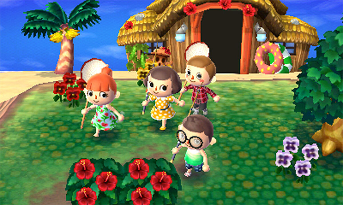 Four Animal Crossing friends exploring Tortimer Island