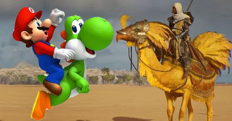 Mario rides Yoshi, Bayek rides a Kweh, the unlockable chocobo camel