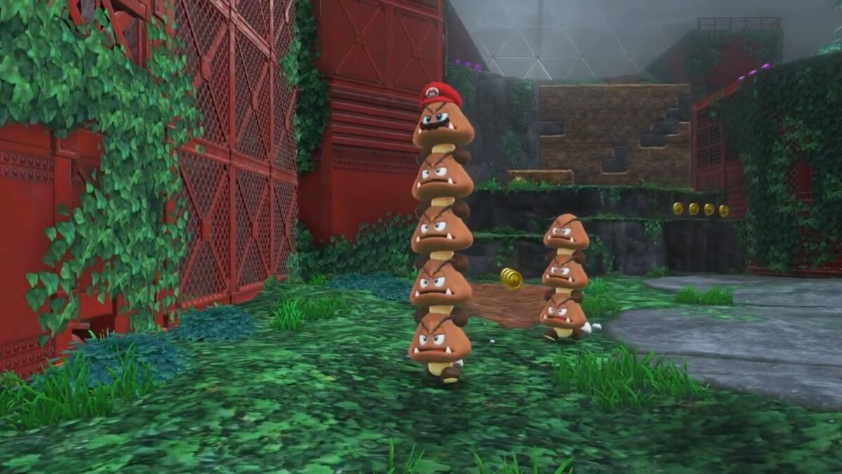 Super Mario builds a super stack of goombas with Cappy