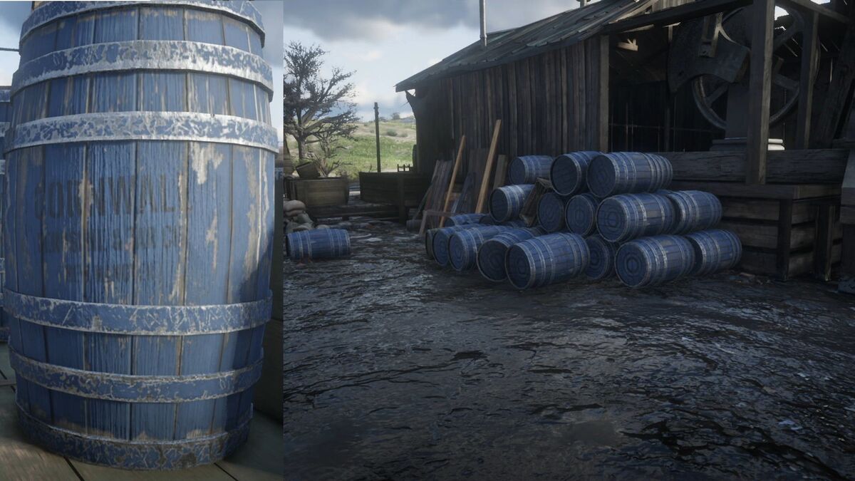 Cornwall blue barrel of oil next to a stack of oil barrels