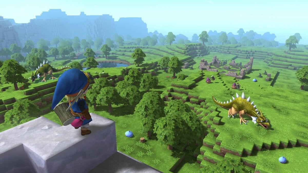 Dragon Quest Builders looking over a green vista with a dinosaur grazing in the distance