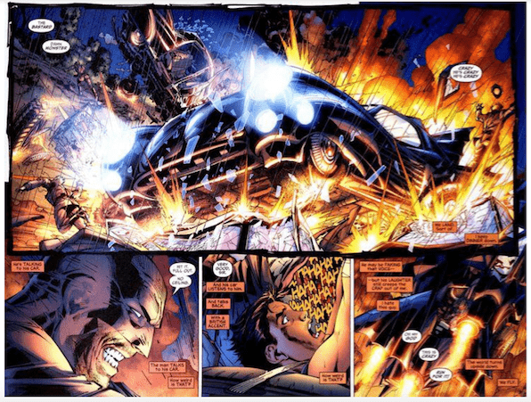 All Star Batman four panel comic illustration featuring Batman as a psychopath crashing his Batmobile.