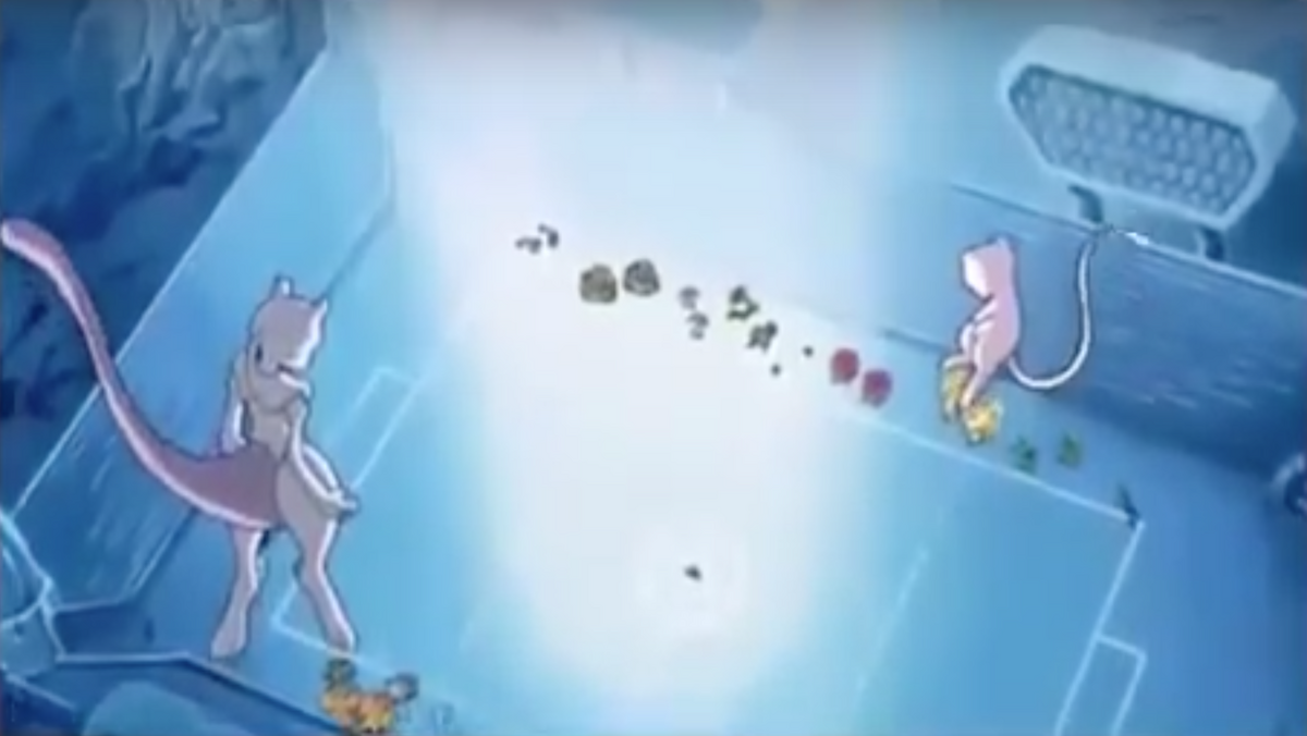 Mewtwo and Mew look down at the stadium