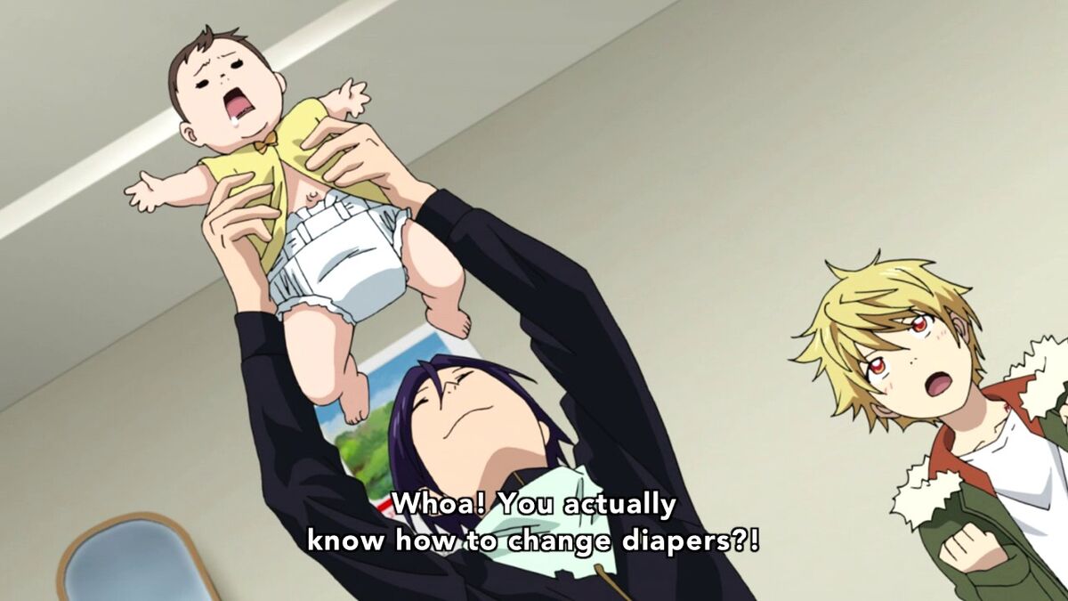 Yato changes a diaper to answer a wish while a surprised Yukine watches