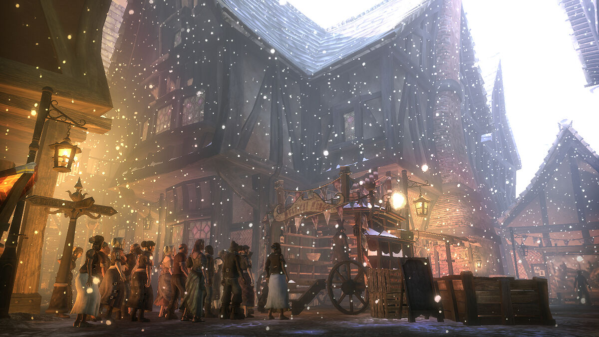 Fable 2, Bowerstone, people gather while it snows