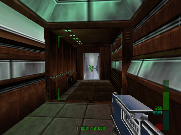 laptop gun shooting down a hallway at a door from game Perfect Dark