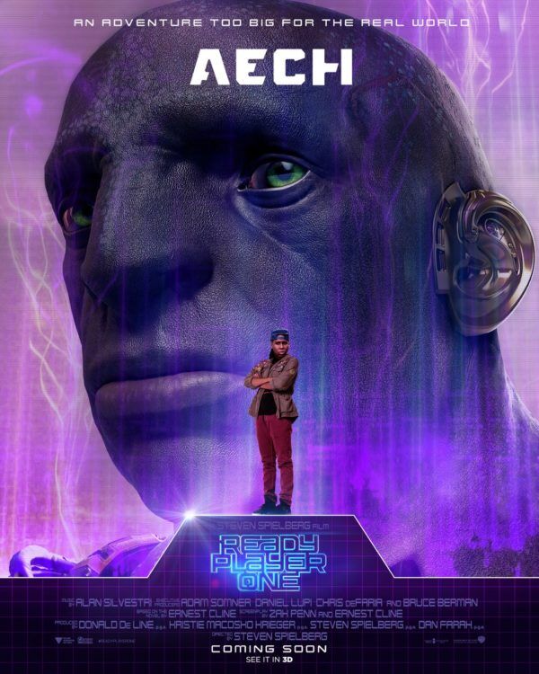 Aech's Character poster, with Lena Waithe standing in the foreground and Aech's orc-face in the background.