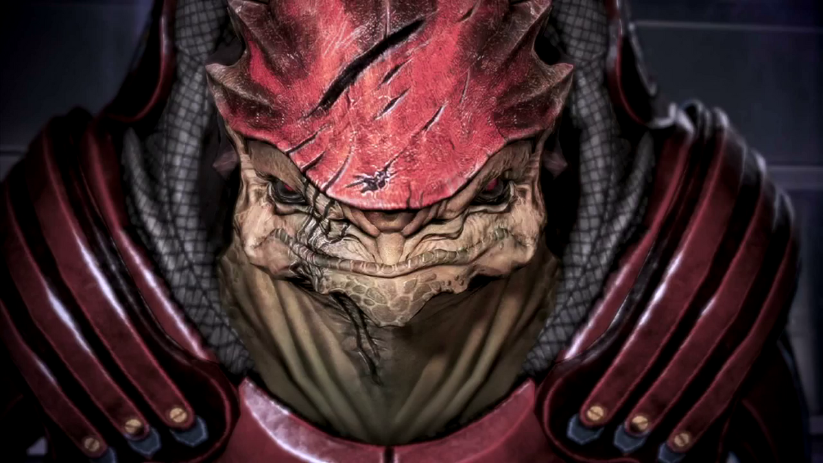 An image of a member of the krogan race from Mass Effect.