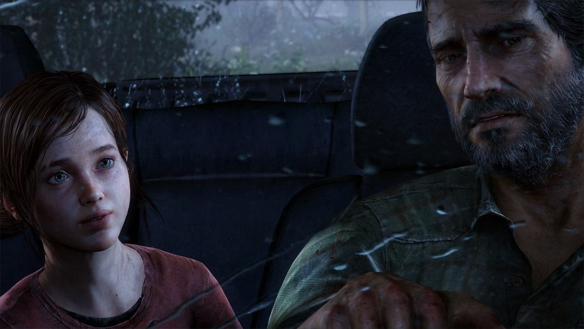 Joel and Ellie in the car in The Last of Us