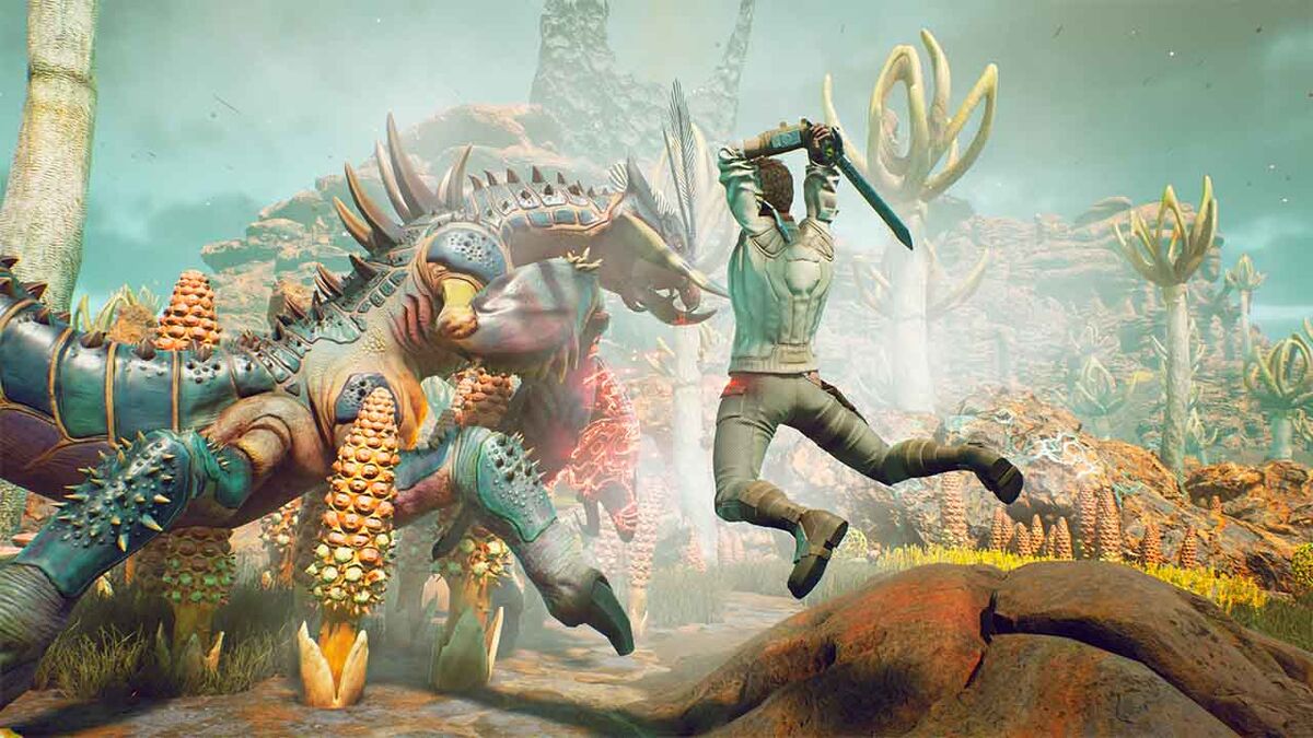Outer Worlds jump attack on an alien enemy