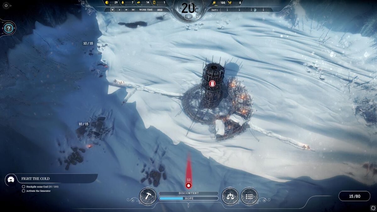 Trails in the snow lead away from a Frostpunk city