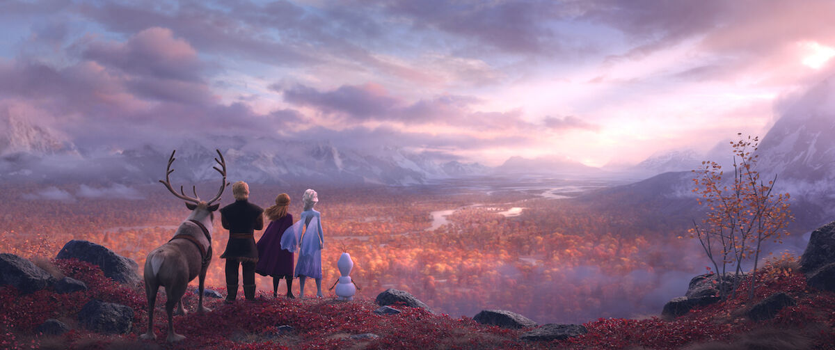 Elsa and the gang are beginning their journey. Their backs are facing us while they are on a cliff looking down at the Enchanted Forest.
