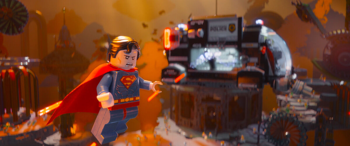 A still of LEGO Superman flying, from The LEGO Movie.
