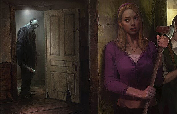 Friday the 13th 2017 game counselor with ax and Jason with bat in the doorway of a cabin