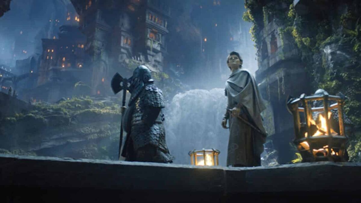 Elrond is led through Khazad-dûm in a still from The Lord of the Rings: The Rings of Power.