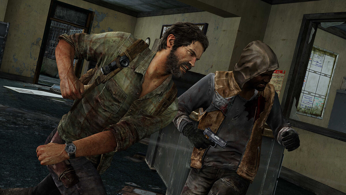 Joel punching a hunter in The Last of Us