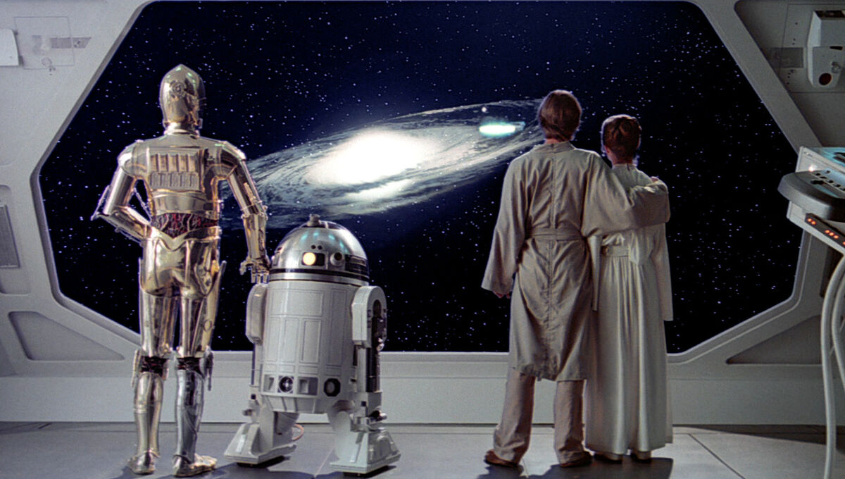 star wars C3PO R2-D2 Luke and Leia looking out a window of a spaceship at a swirling galaxy