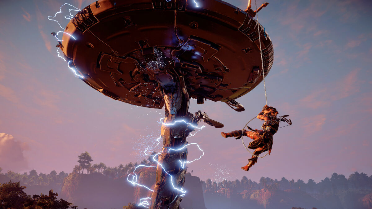 Horizon Zero Dawn Aloy swinging from Walker