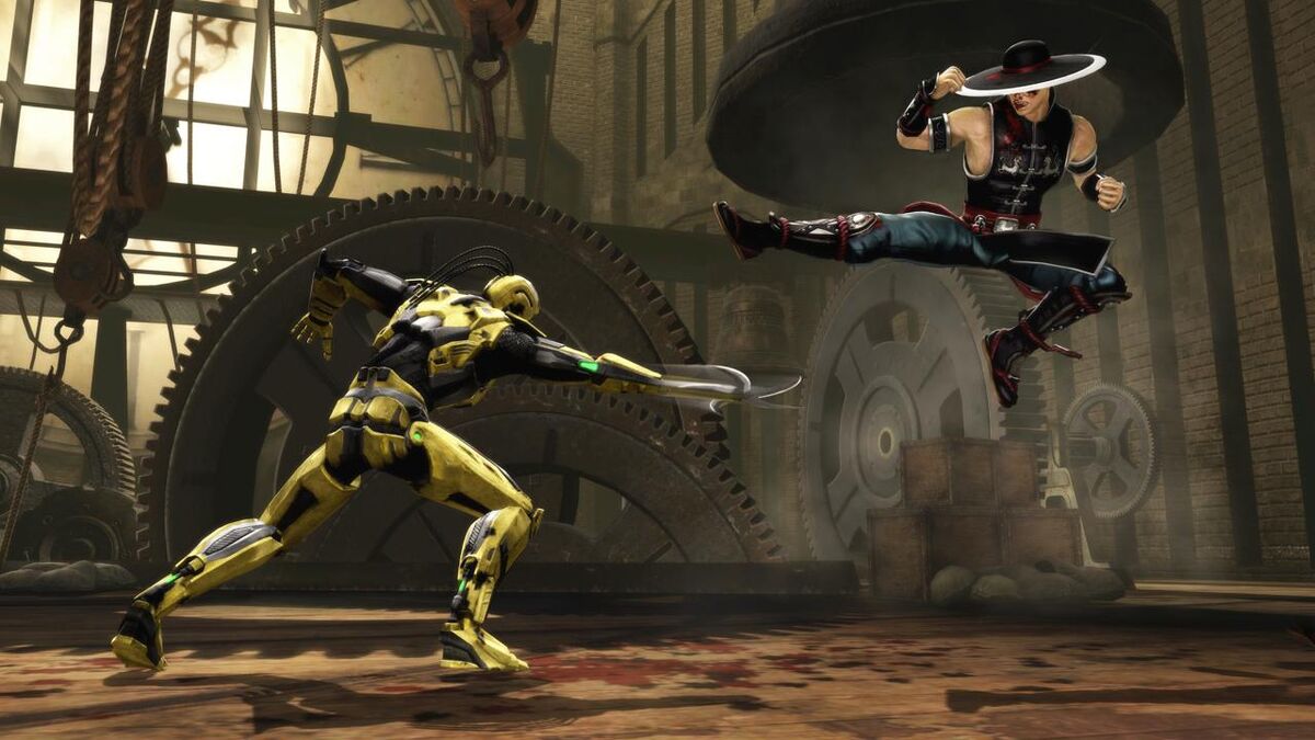Kung Lao jump-kicking over Cyrax in Mortal Kombat (2011).