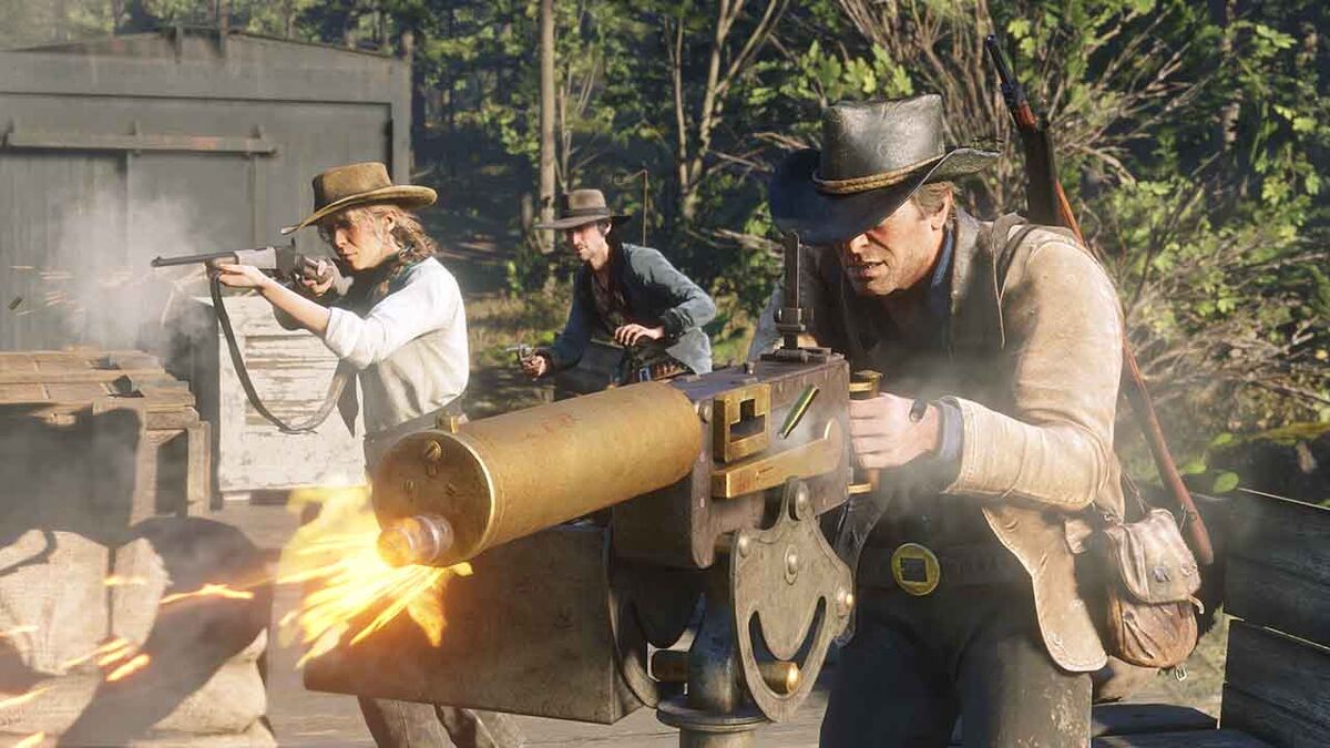 Taking control of a minigun in Red Dead Redemption 2.