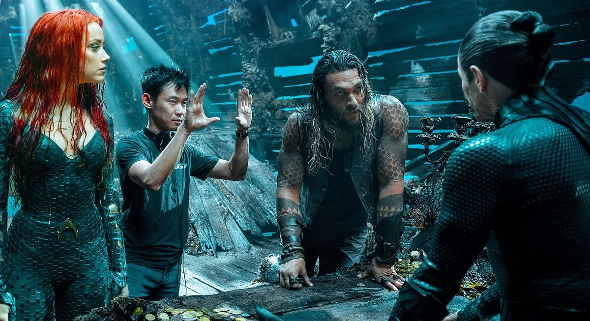 Amber Heard, James Wan, and Jason Momoa on the set of Aquaman