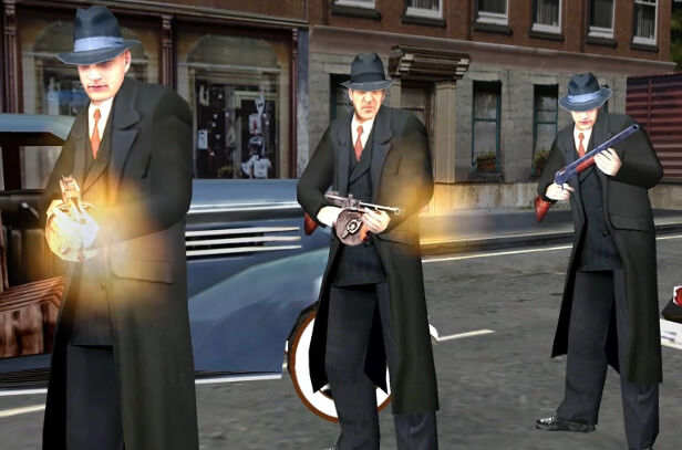 mafia video game three gangsters firing tommy guns