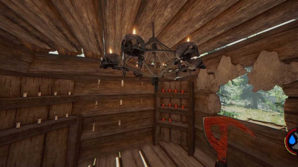 A bone chandelier in a log cabin in The Forest