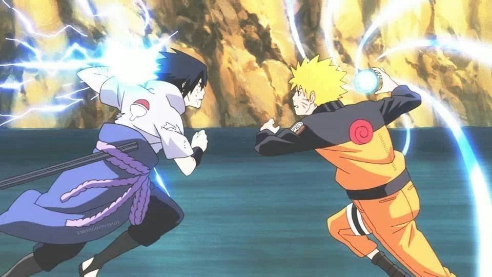Naruto's Rasengan faces off against Sasuke's Chidori.