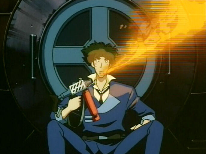 Spike using a flamethrower to light a cigarette in Cowboy Bebop