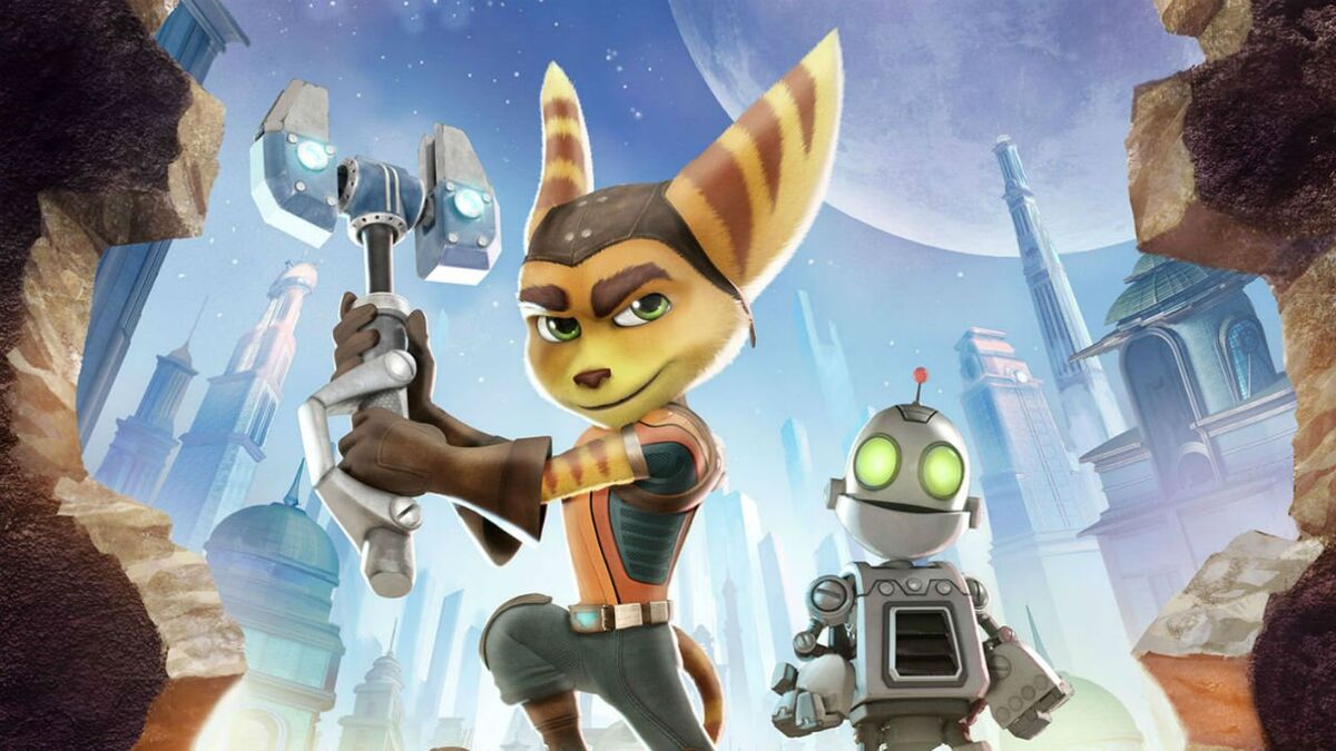 Ratchet and Clank looking through a broken wall.