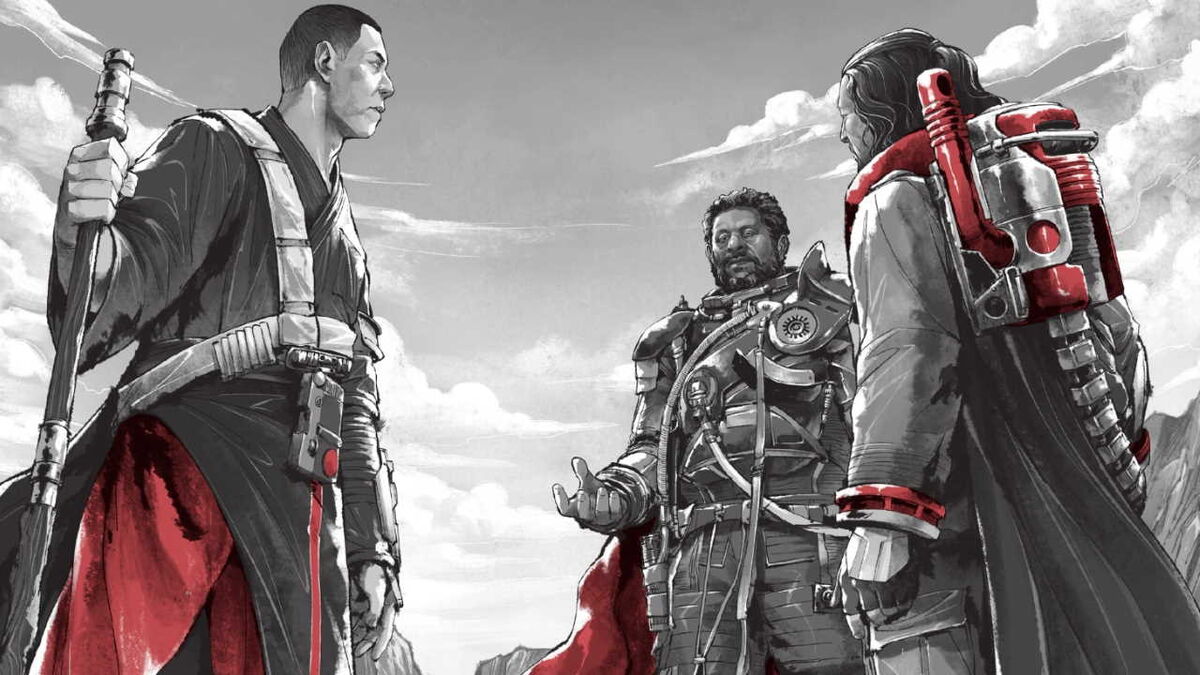 Saw Gerrera stands talking with Chirrut, holding a staff, and baze, holding a gun.