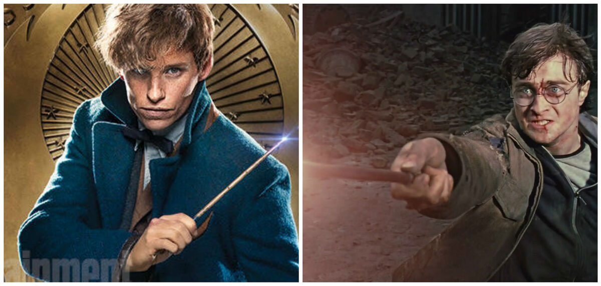 newt Scamander and harry potter with their wands out